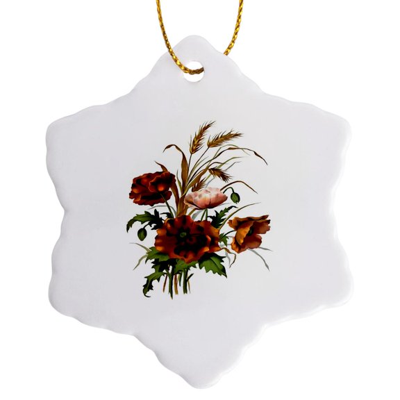 3drose, Poppies and Wheat Botanical Art Vector, 3 inch Snowflake Porcelain Ornament