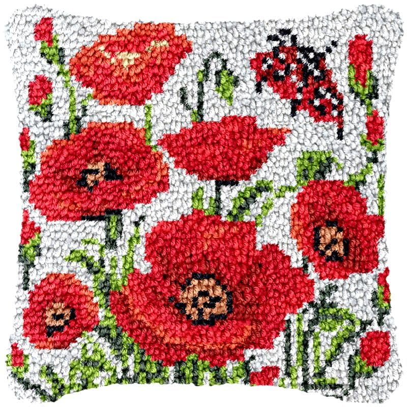 Poppies & Bee Latch Hook Pillow Cover Kits for DIY Handmade Throw Pillow Cross Stitch Latch Hook Pillowcase Rug Kits with Preprinted Color Pattern Canvas Crochet Yarn Kits 17''X 17''(ys139)