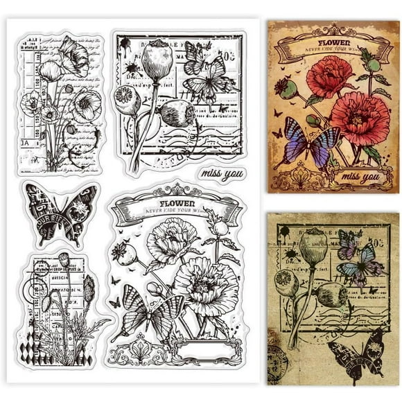 Poppies Butterflies Clear Stamps for Cards Making Retro Ornate Background Silicone Clear Stamp Seals Transparent Stamps