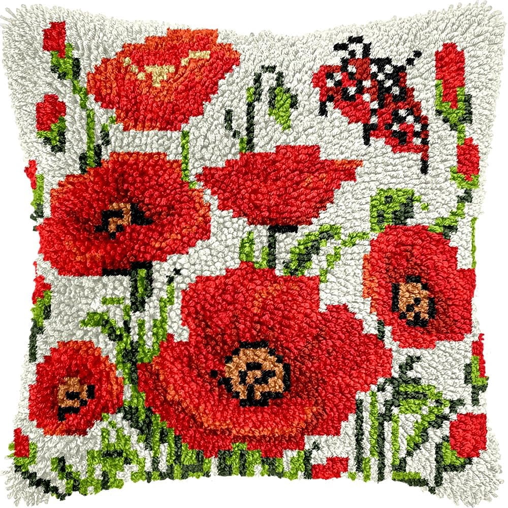 Poppies & Butterfly Latch Hook Pillow Kits for DIY Throw Pillow Cushion Embroidery Latch Hooking Pillowcase Kits with Preprinted Canvas Crochet Yarn Kits for Home Decor 17''X 17''(d275)