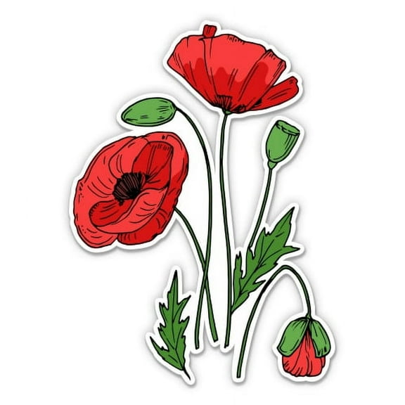 Poppies Drawing Red Field Flowers - 5" Vinyl Sticker - For Car Laptop I-Pad - Waterproof Decal