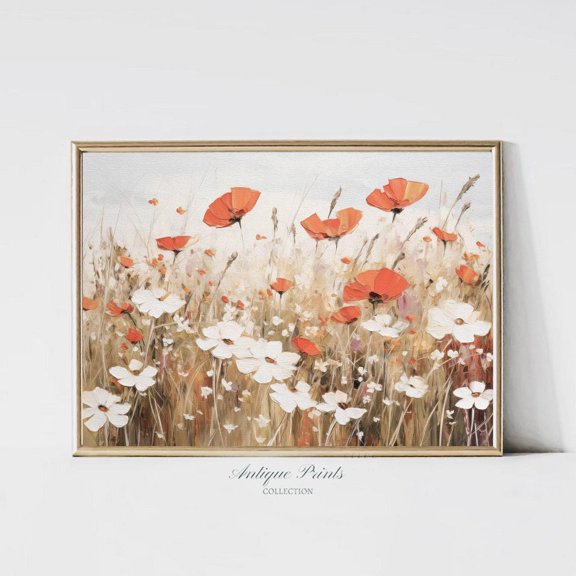 Poppies Field, Spring Meadow Wall Art, Floral Countryside Prints, Wildflower Landscape Wall Art, Flowers Print, Unframed Paper Print