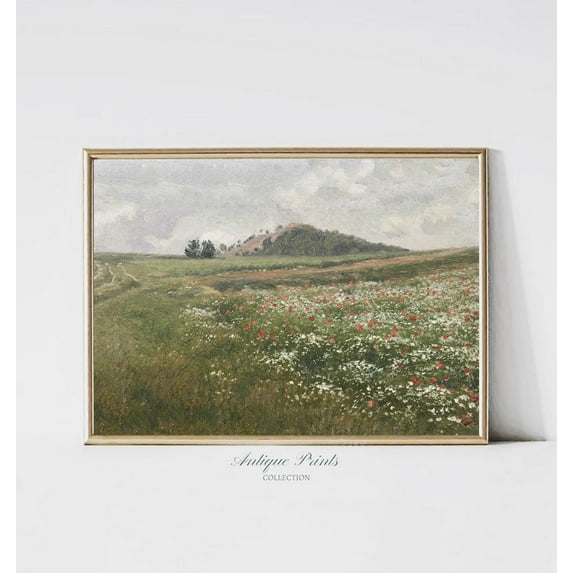 Poppies Field Vintage, Antique Country Landscape Prints, Wildflowers Wall Art, Poppies Print, Spring Meadow, Home Decor #223, 16x24 UNFRAMED