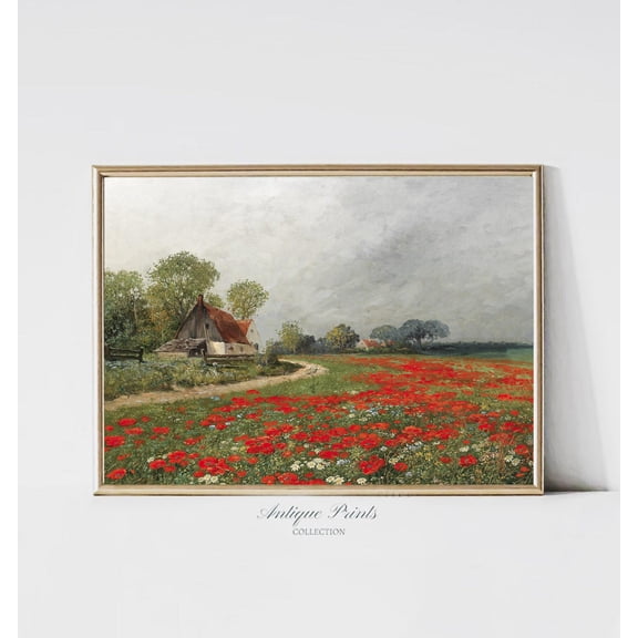Poppies Fields Vintage, Antique Country Landscape Prints, Wildflowers Wall Art, Poppies Print, Spring Meadow, Poster, Unframed Poster Size 8x12