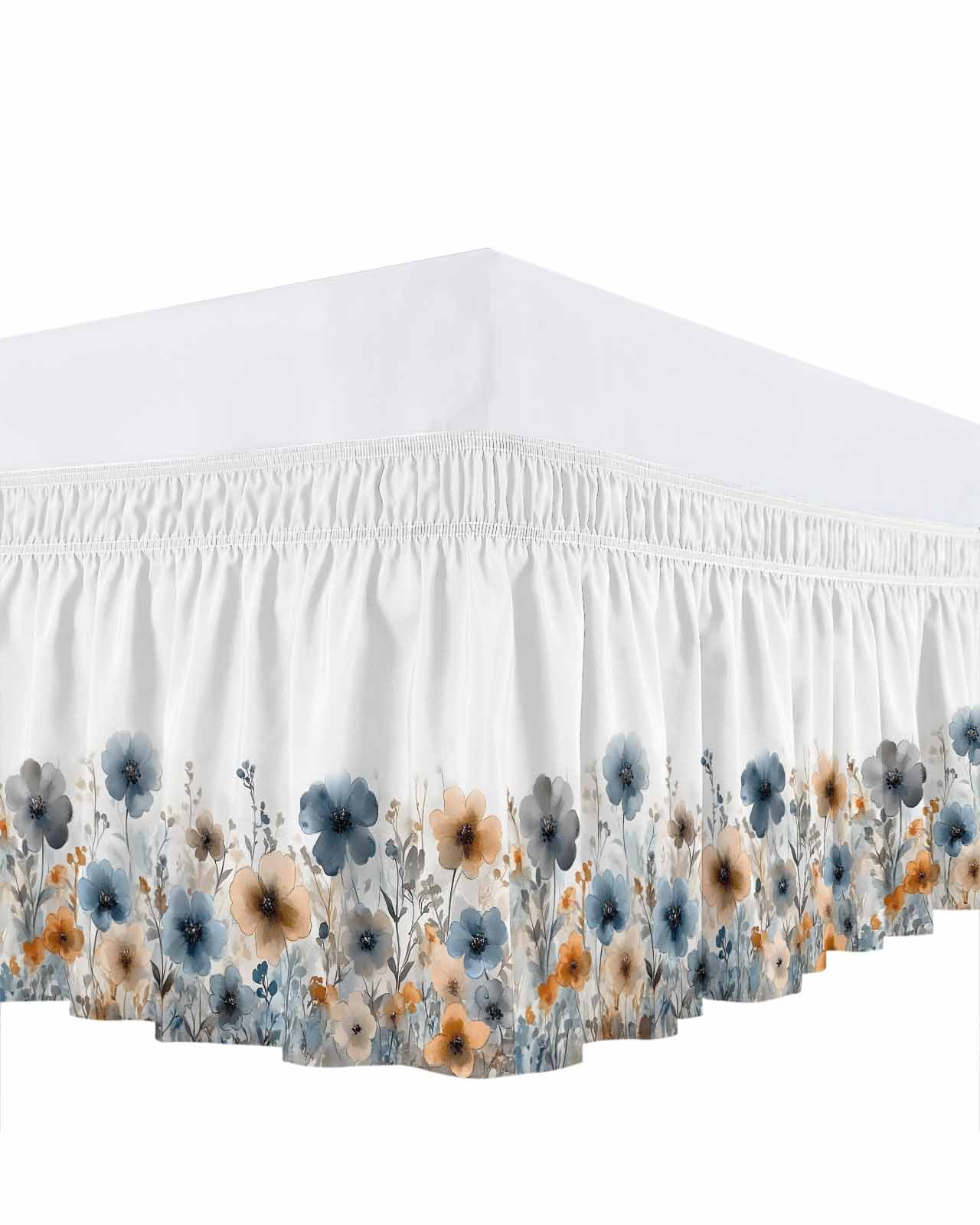 Poppies Floral Bed Skirt Queen Size, Spring Botanical Flowers Summer Wrap Around Bed Skirting with Adjustable Elastic Strap, Dust Ruffle Pleated Bedskirts 16 Inch Drop for Bedroom Queen Beds