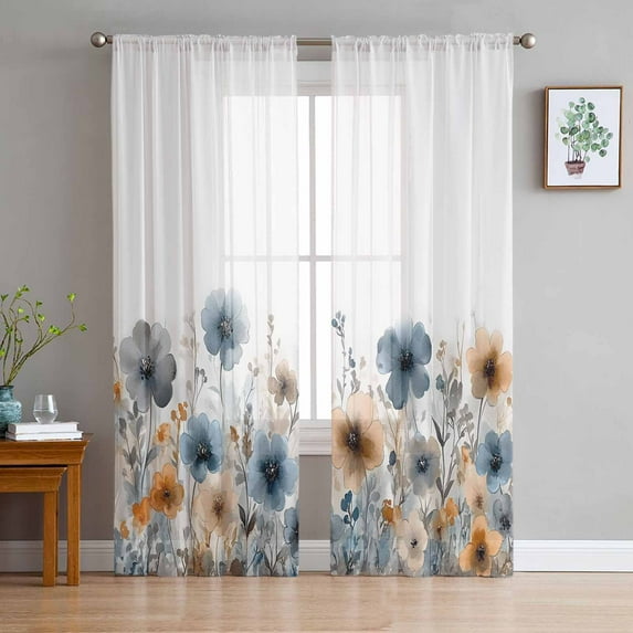 Poppies Floral Sheer Curtains 84 Inches Long 2 Panels Set, Window Sheer Curtains for Living Room/Bedroom, Spring Botanical Flowers Summer Light Filtering Rod Pocket Curtain 52'' x 84'' x 2