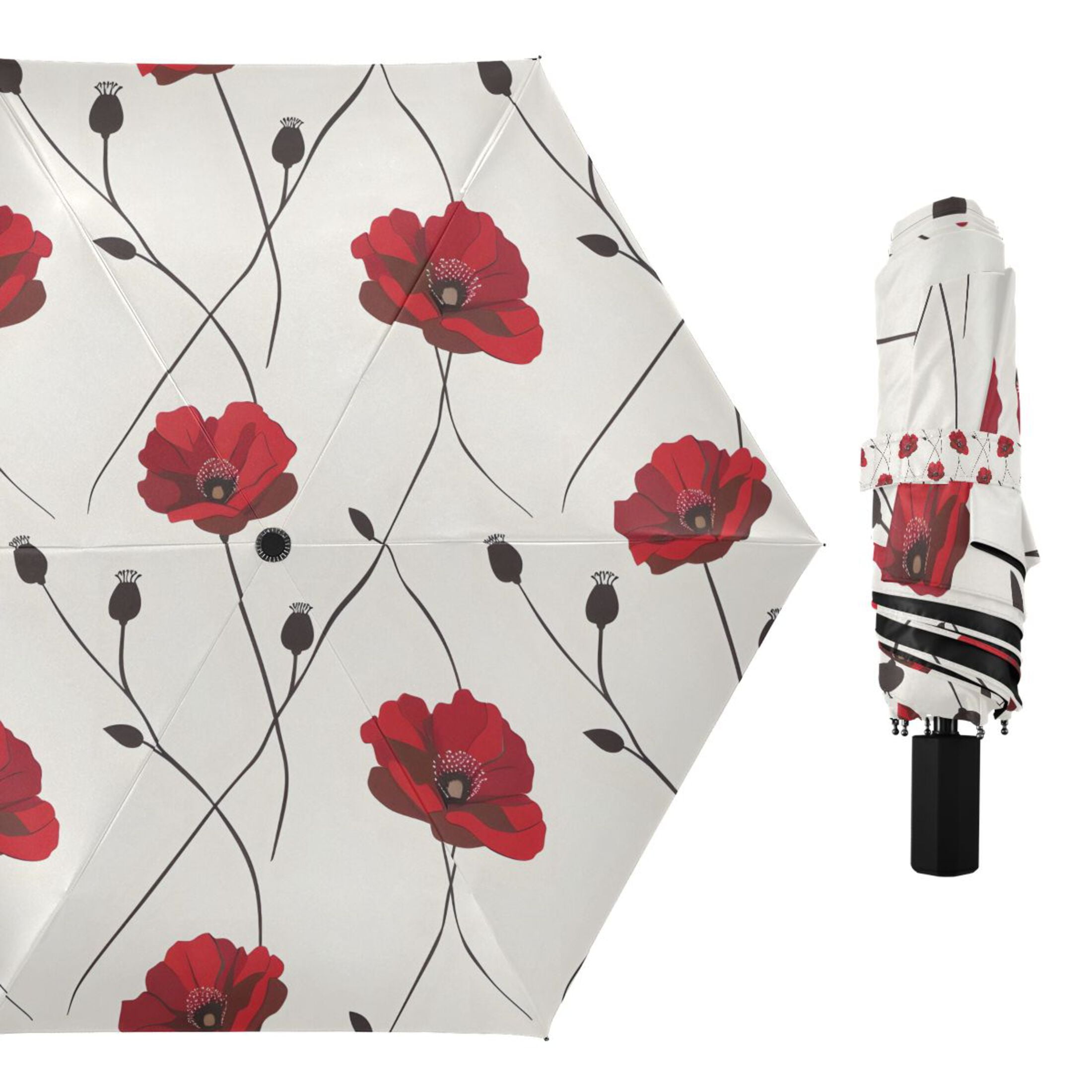 Poppies Flower Compact Sun Umbrella Windproof Travel Umbrellas for Rain Strong Portable UV Protection