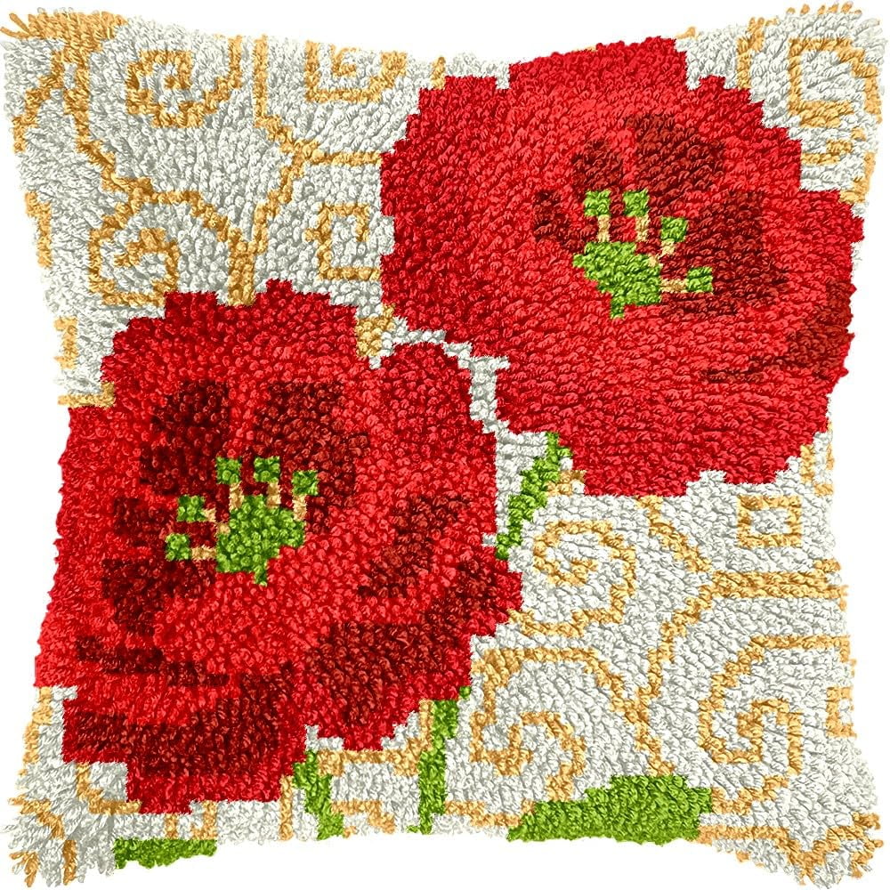 Poppies Flower Latch Hook Pillow Cover Kits for DIY Handmade Throw Pillow Cross Stitch Latch Hooking Pillowcase Kits with Preprinted Color Pattern Canvas Crochet Yarn Kits 17''X 17''(8-39)