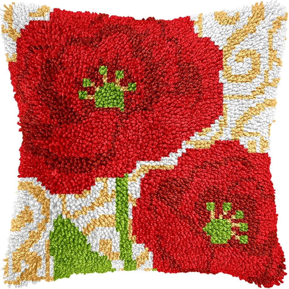 Poppies Flower Latch Hook Pillow Cover Kits for DIY Handmade Throw Pillow Cross Stitch Latch Hooking Pillowcase Kits with Preprinted Color Pattern Canvas Crochet Yarn Kits 17''X 17''(8-40)