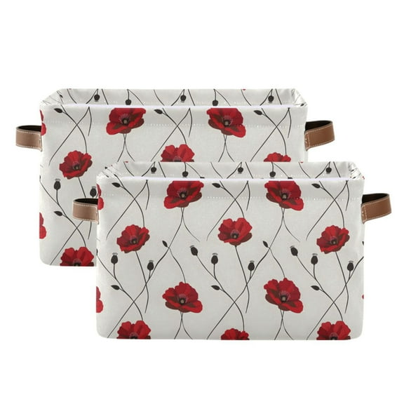Poppies Flower Storage Bins with Handle Fabric Organizer Basket Foldable Box 2 Pack 14.2x10.2x8.3