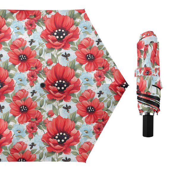 Poppies Flower and Butterflies Compact Sun Umbrella Windproof Travel Umbrellas for Rain Strong Portable UV Protection