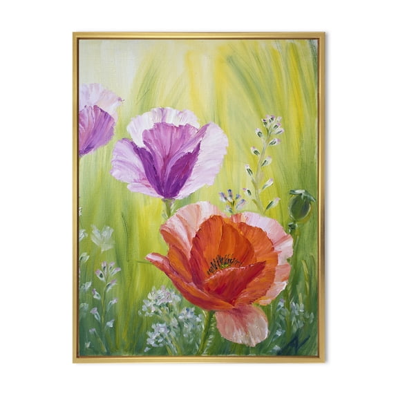 Poppies In The Morning In Wild Green 30 in x 40 in Framed Painting Canvas Art Print, by Designart