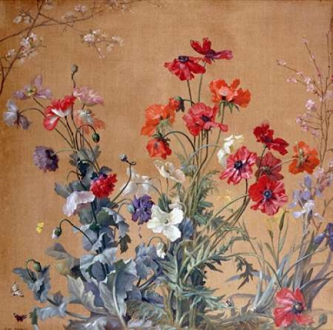 Poppies Irises and Blossom Canvas Art - Jean Brenner (24 x 24)