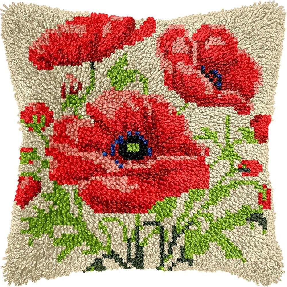 Poppies Latch Hook Kits Pillow kits Cushion Throw Pillow Embroidery Craft Kits DIY Kits of DIY Hooking Pillowcase Cover Supplier with Color Printed Canvas 43x43cm (187)