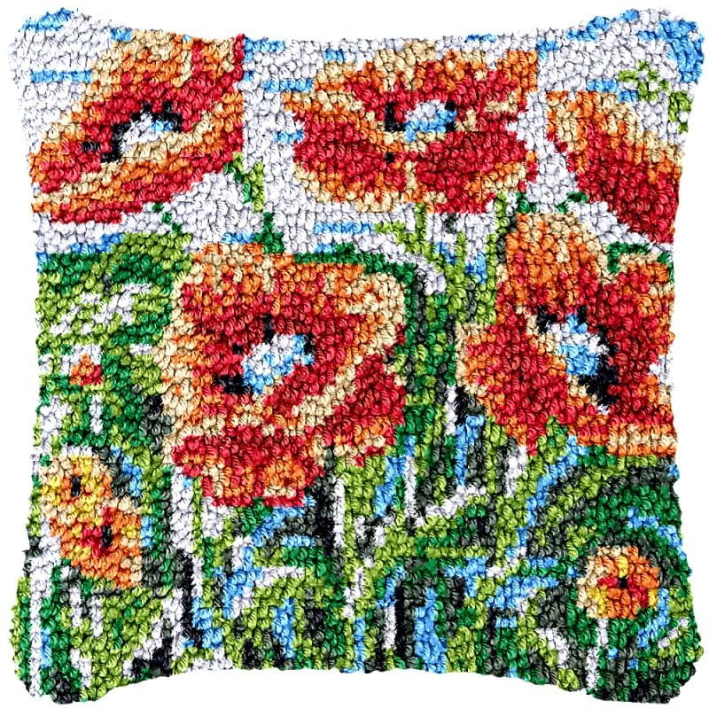 Poppies Latch Hook Pillow Cover Kits for DIY Handmade Throw Pillow Cross Stitch Latch Hook Pillowcase Rug Kits with Preprinted Color Pattern Canvas Crochet Yarn Kits 17''X 17''(fv126)
