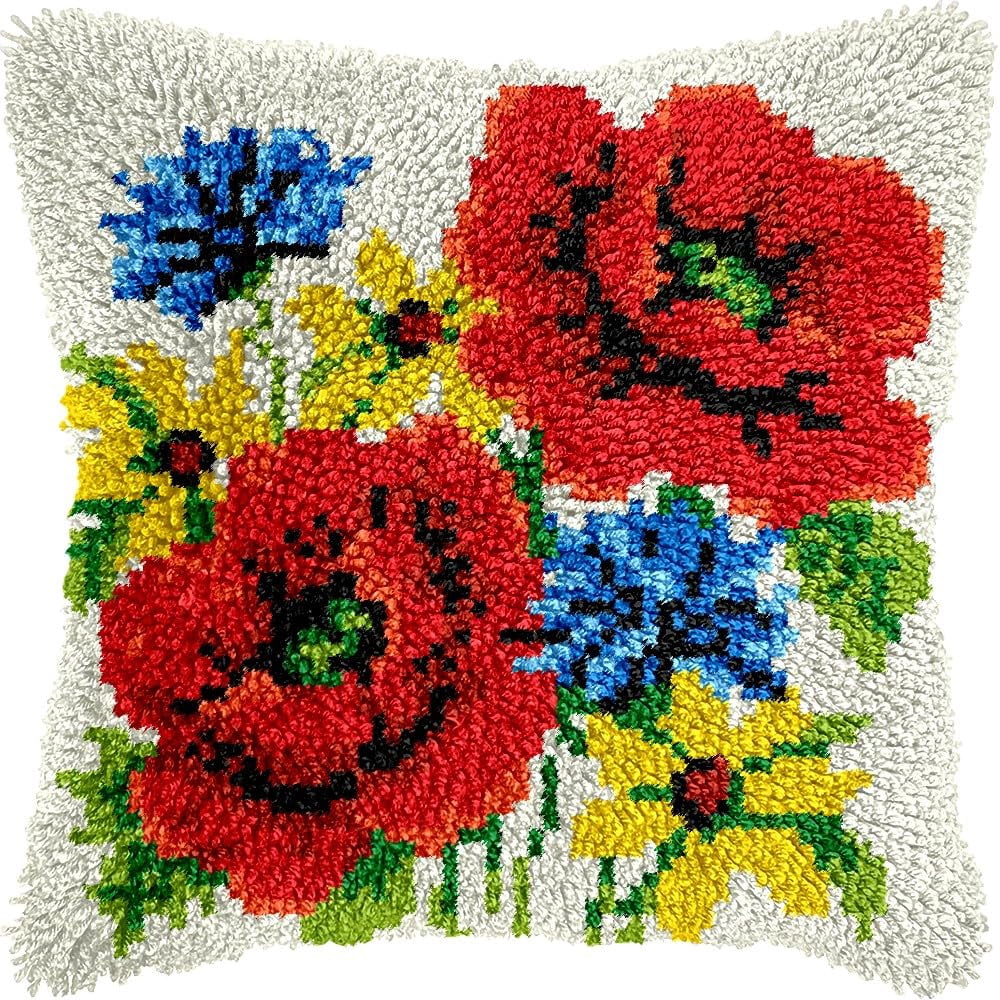 Poppies Latch Hook Pillow Kits Pillow Cover Latch Hook Crafts Crochet Knitted Hooking Pillowcase Cushion Crafts Embroidery Latch Hooking Kits Material Set 17x17 inch(24)