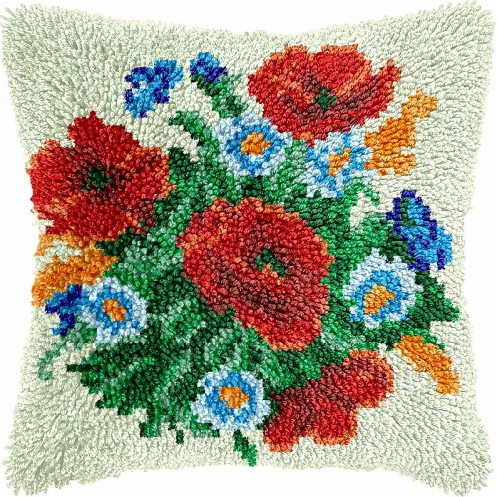 Poppies Latch Hook Pillow Kits Pillow Cover with Pattern Printed Canvas Crochet Cross Hooking Pillowcase Cushion Crafts Embroidery Latch Hooking Crochet Kits 17x17 inch(21)