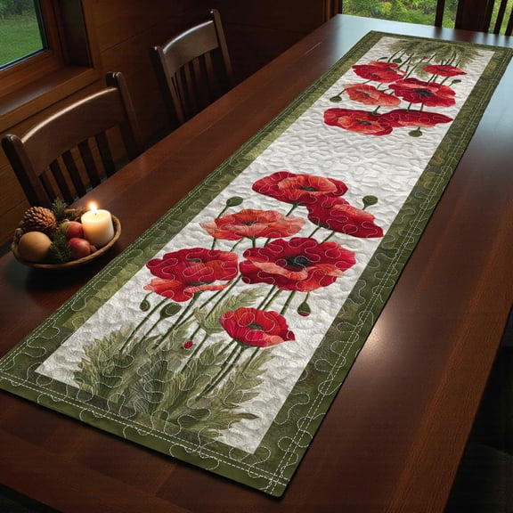 Poppies Quilted Table Runner, Quilted Poppy Flower Table Runner, Red Floral Centerpiece for Dining & Kitchen