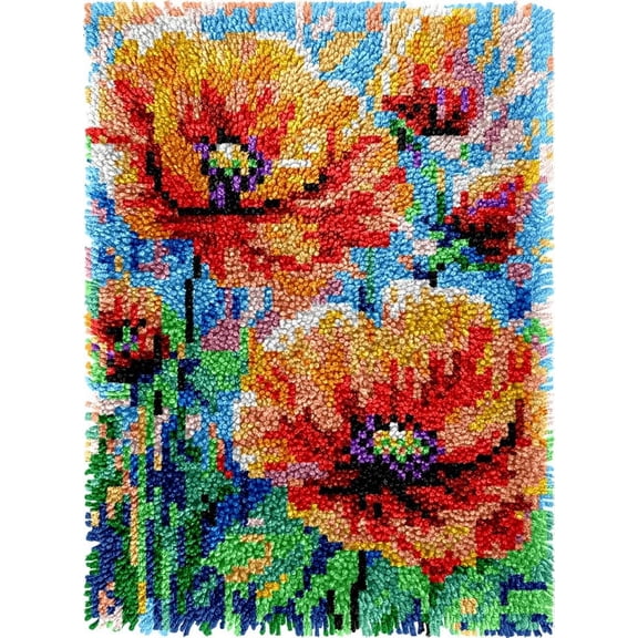 Poppies Scenery Easy DIY Latch Hook Rug Kits DIY Tapestry Crochet Hooking Mat Making Kits With Printed Pattern Canvas Needlework Kits 52x38cm n-141)