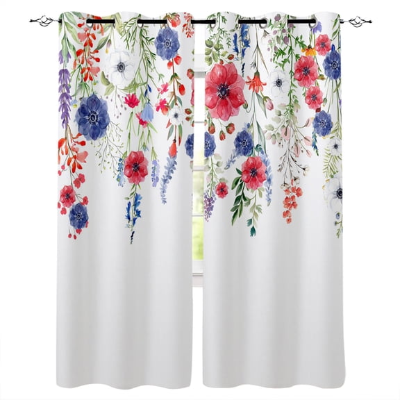 Poppies Wildflowers Blackout Curtains for Bedroom Living Room Darkening Curtains 63 Inches Long Botanical Petals Weeping Leaves Window Curtain 2 Panels Set Window Treatment Grommet Drapes 42"x63"