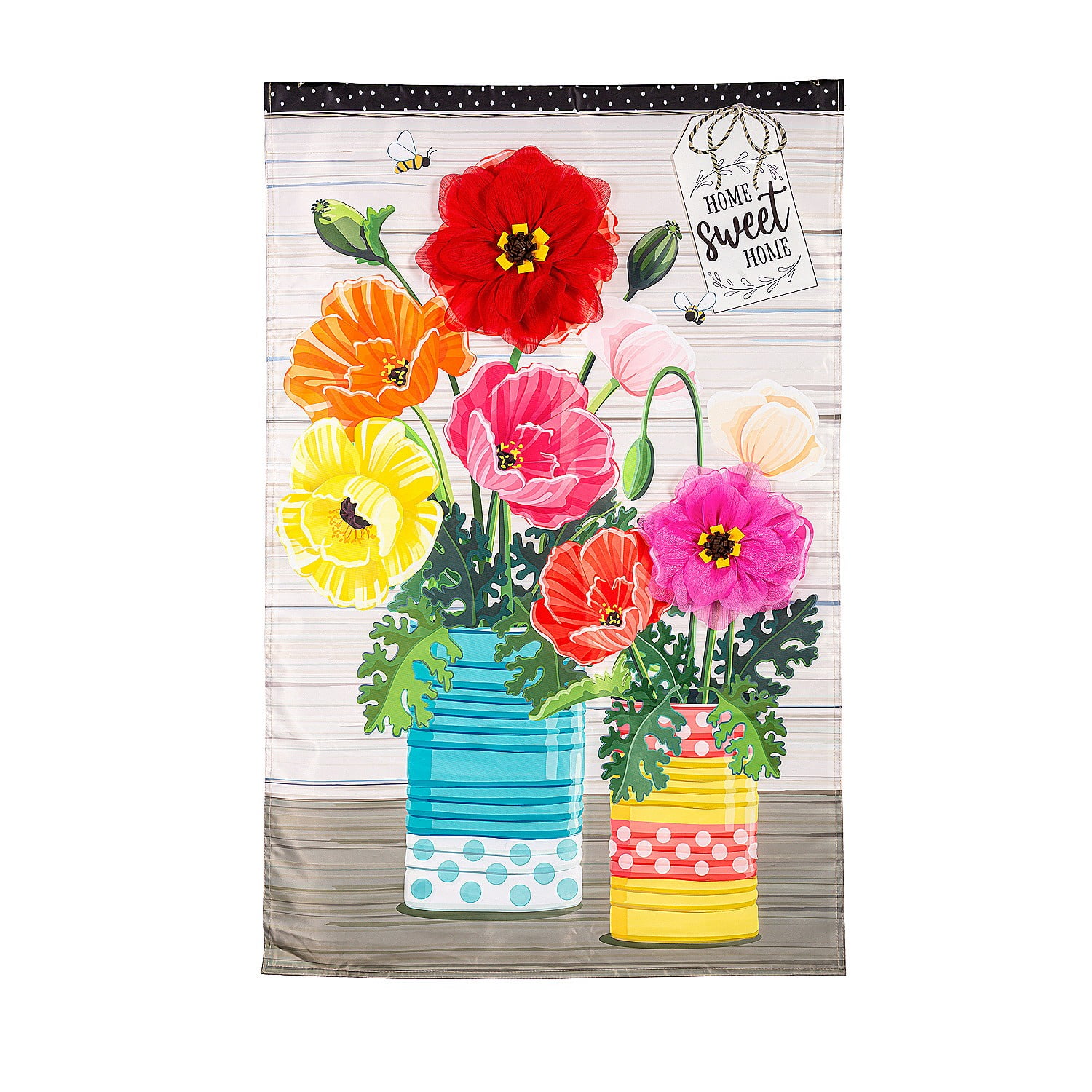 Colorful Poppies and Painted Cans Applique House Flag