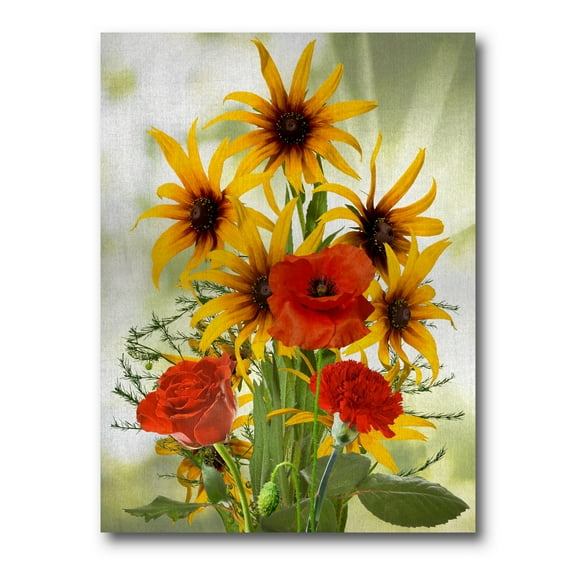 Poppies and Sunflowers In The Wild 12 in x 8 in Painting Canvas Art Print, by Designart