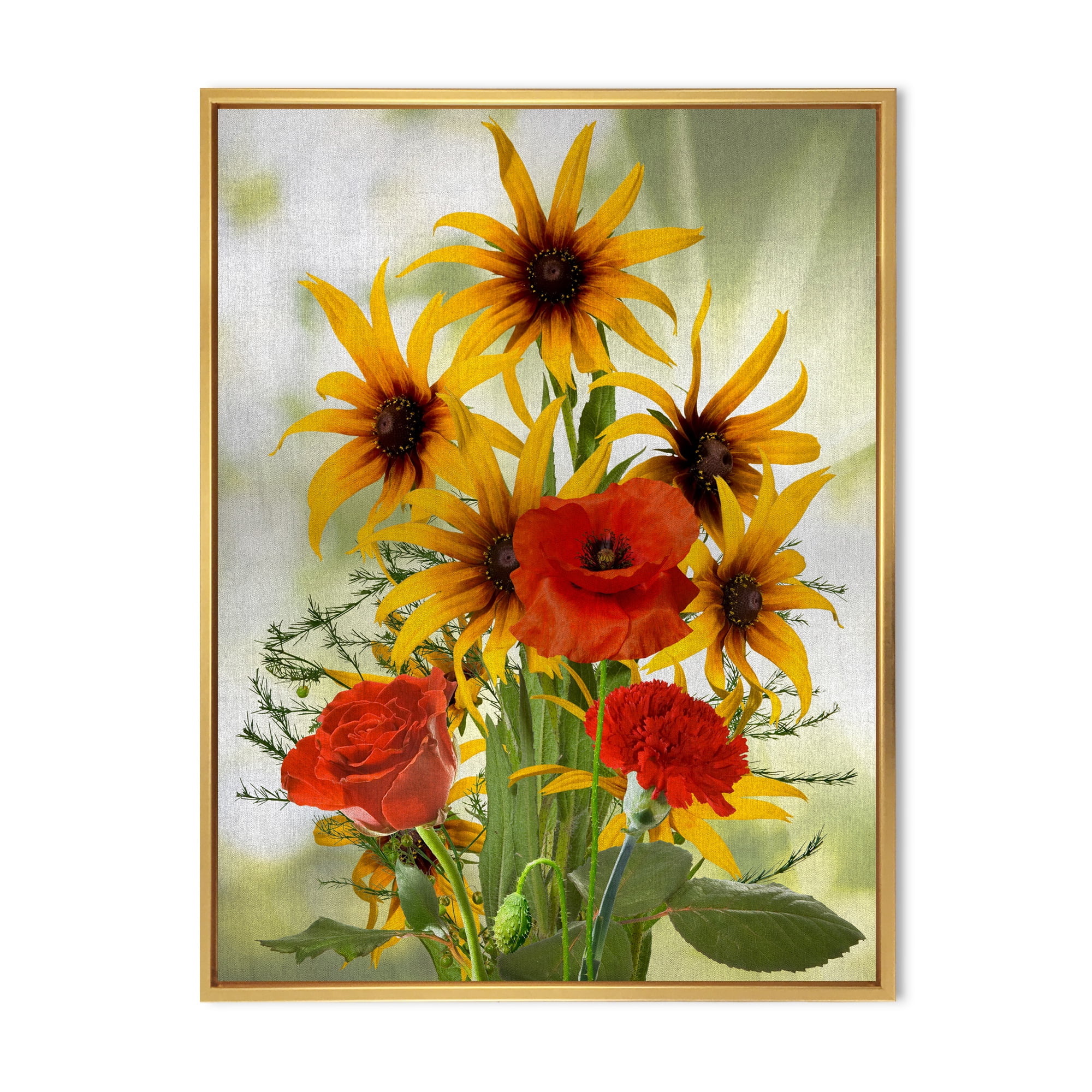 Poppies and Sunflowers In The Wild 16 in x 32 in Framed Painting Canvas Art Print, by Designart