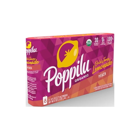 Poppilu Bold & Tangy Lemonade kids pouches - Peach, 6oz pouches, 8 pack