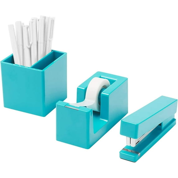 Poppin Desktop Starter Set - Aqua, Stapler, Tape Dispenser, Pens, Pen Cup, 6 Retractable Gel Luxe Pens with 1mm Tip, Pen Cup with Two Compartments, Complete Office Stationery Set