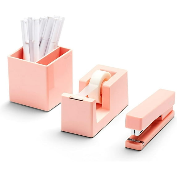 Poppin Desktop Starter Set - Blush, Stapler, Tape Dispenser, Pens, Pen Cup, 6 Retractable Gel Luxe Pens with 1mm Tip, Pen Cup with Two Compartments, Complete Office Stationery Set