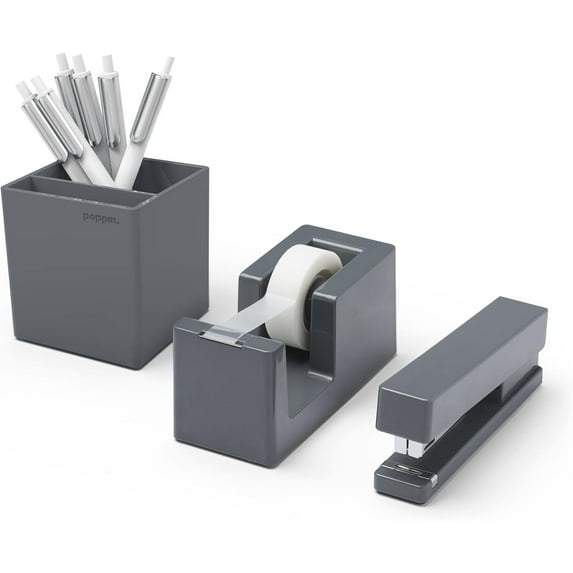 Poppin Desktop Starter Set - Dark Gray, Stapler, Tape Dispenser, Pens, Pen Cup, 6 Retractable Gel Luxe Pens with 1mm Tip, Pen Cup with Two Compartments, Complete Office Stationery Set