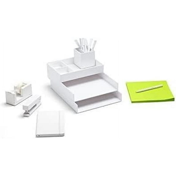 Poppin Dream Desk Set - White, Letter Trays, Accessory Tray, This + That Tray, Pen Cup, 6 Gel Pens, Soft Cover Notebook, Stapler and Tape Dispenser, Complete Office Organizer Set