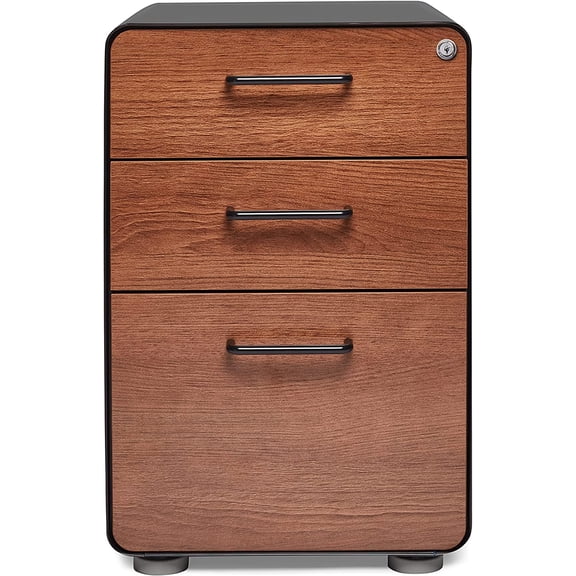 Poppin Stow 3-Drawer File Cabinet - Black + Walnut, 2 Utility Drawers and 1 Hanging File Drawer, Fully Painted Inside and Out, Powder-Coated Steel, Two Keys Included, Stationary