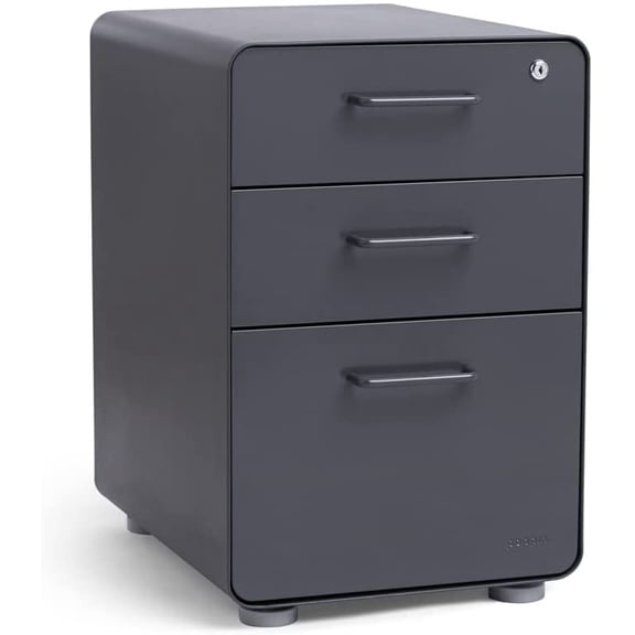 Poppin Stow 3-Drawer File Cabinet - Charcoal, 2 Utility Drawers and 1 Hanging File Drawer, Fully Painted Inside and Out, Powder-Coated Steel, Two Keys Included, Stationary