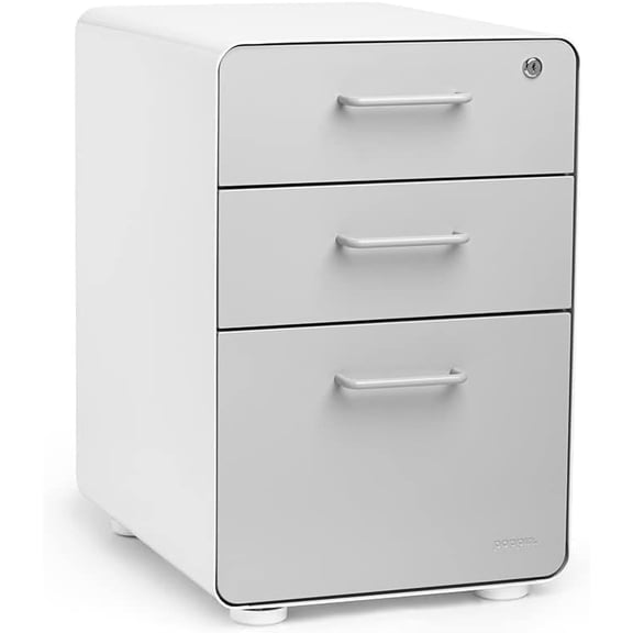 Poppin Stow 3-Drawer File Cabinet - White + Light Gray, 2 Utility Drawers and 1 Hanging File Drawer, Fully Painted Inside and Out, Powder-Coated Steel, Two Keys Included, Stationary