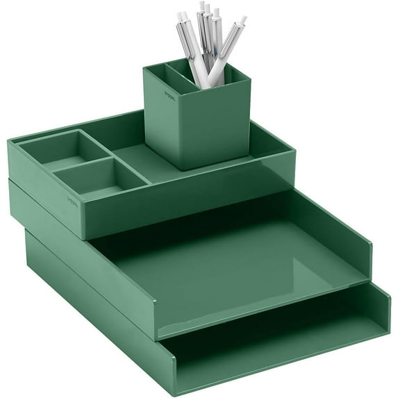Poppin Super Stacked Desk Set - Sage, Medium Accessory Tray, Letter Tray, This + That Tray, Double-Compartment Pen Cup and 6 Signature Ballpoint Pens, Complete Office Organizer Set