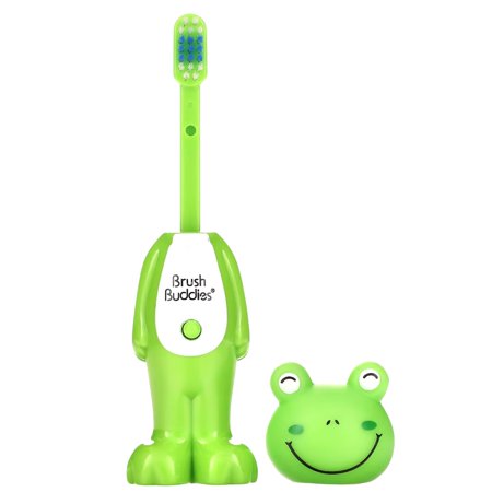 Poppin Toothbrush Leapin Louie (Frog) Design, BPA Free Soft Bristle with Head Cover for Kids Boys Girls Toddler Character Toothbrush Bending Pushing Poppin Action Brush, Valentines Easter Gifts