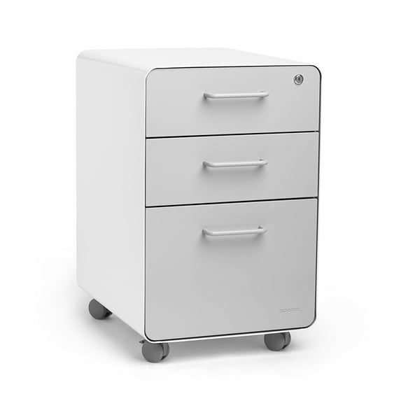 Poppin White + Light Gray Stow 3-Drawer Mobile Vertical File Cabinet With Lock
