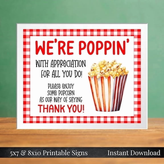 Poppin with Appreciation 5x7 8x10 Sign Thank You for All You Do Red Gingham Popcorn Bar Teachers Nurses Employees PTA PTO You Print