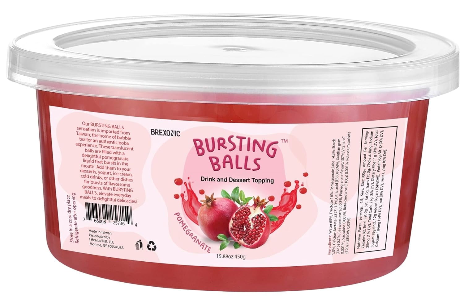 BREXONIC Bursting Boba Pearls Peach Tapioca Pearls for Bubble Tea & Desserts, 1 Lb (Pomegranate)