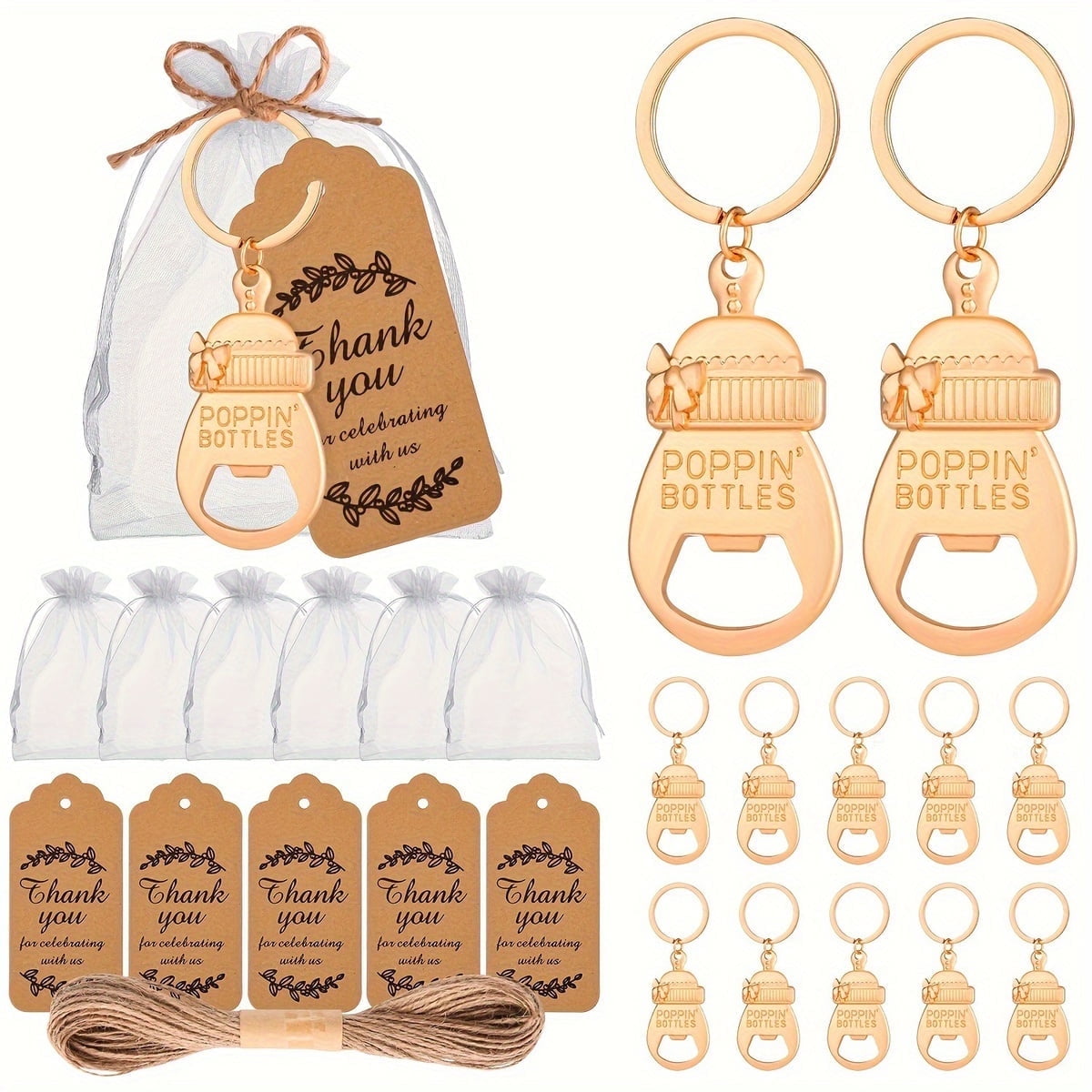 Popping Bottle Openers Baby Shower Return Favors for Guests Bottle Opener Decorations and Souvenirs with Organza Bags Thank You Tags for Theme Party Favors(10 SETS)