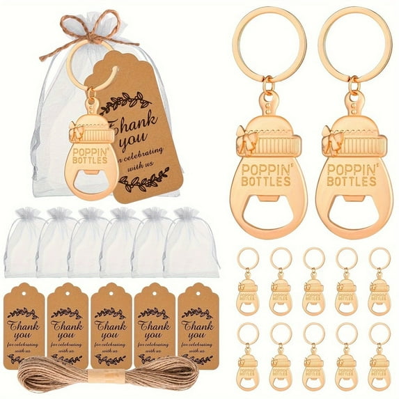 Popping Bottle Openers Baby Shower Return Favors for Guests Bottle Opener Decorations and Souvenirs with Organza Bags Thank You Tags for Theme Party Favors(10 SETS)