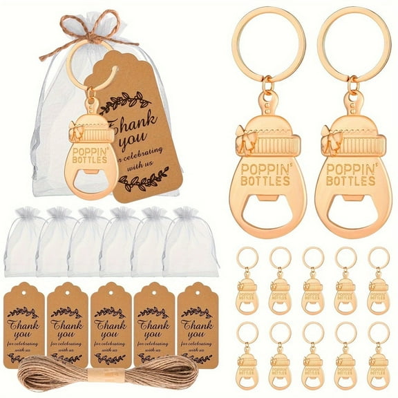 Popping Bottle Openers Baby Shower Return Favors for Guests Bottle Opener Decorations and Souvenirs with Organza Bags Thank You Tags for Theme Party Favors(10 SETS)