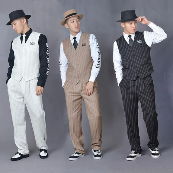 Popping Dance performance suit men Hip Hop suit locking vest machine dance Clothing street dance Stage suits Vest + pants + Tie