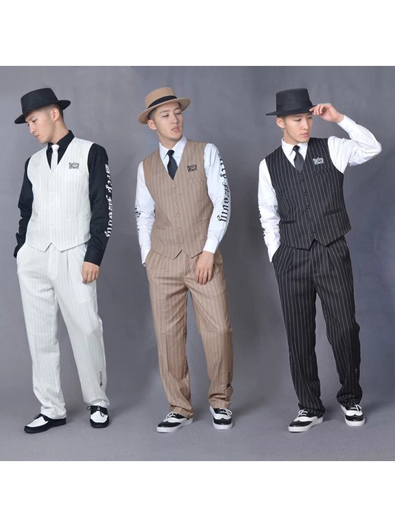 Popping Dance performance suit men Hip Hop suit locking vest machine dance Clothing street dance Stage suits Vest + pants + Tie