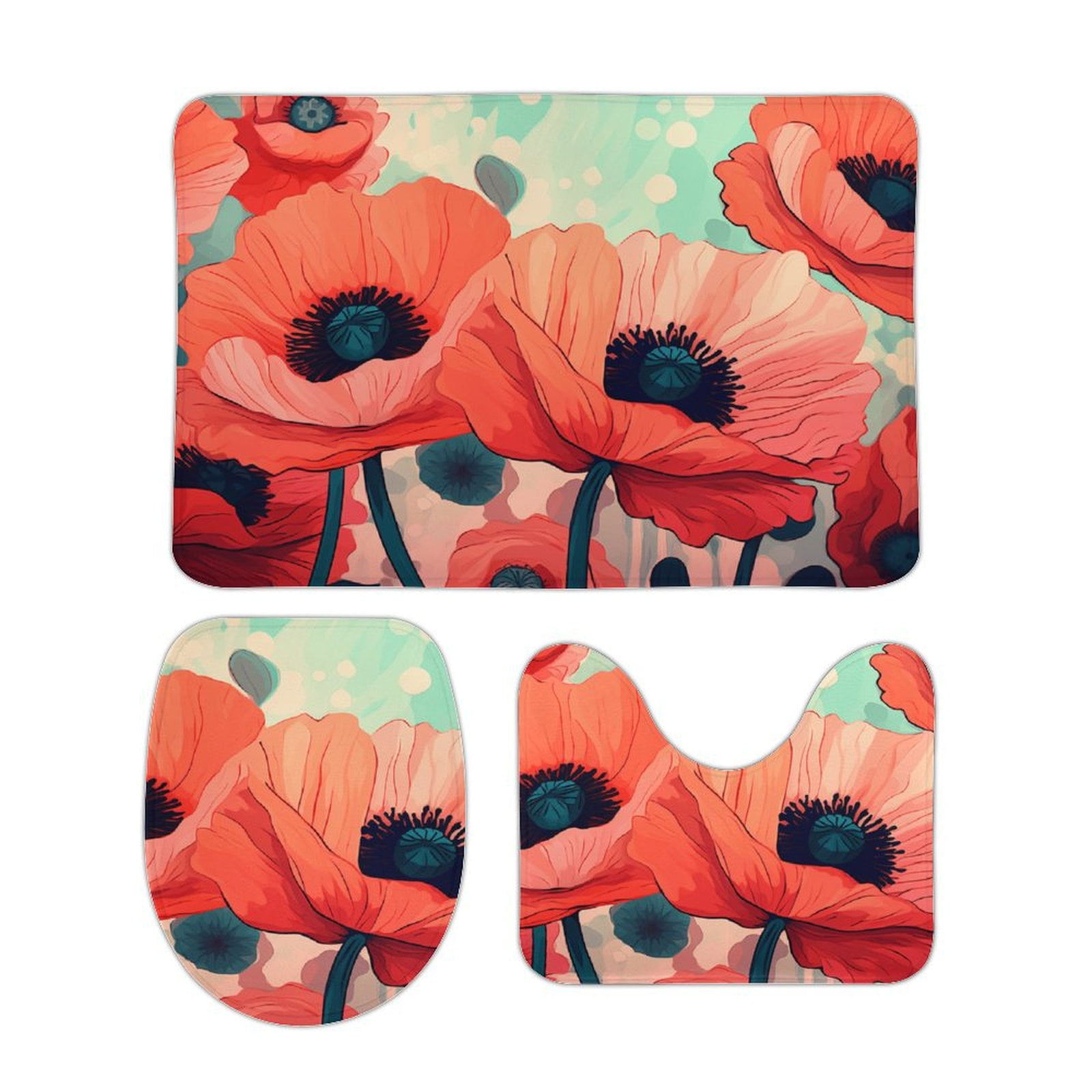 Poppy (21) Bathroom Rugs Set 3 Piece with Non-Slip Bath Rugs Toilet Lid ...