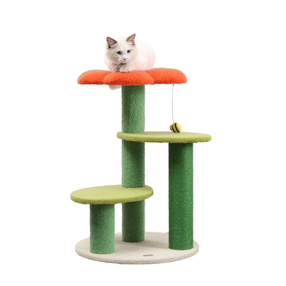 THE LICKER STORE Poppy 29" 3-Tier Modern Jute Flower Cat Tree with Dangling Toy, Orange/Green, CTR1007A