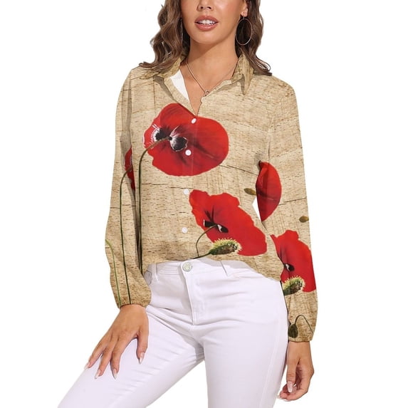 Poppy Artwork Long Sleeve Blouse Woman Streetwear Casual Shirts Summer Oversize Woman Streetwear Clothing Birthday Present