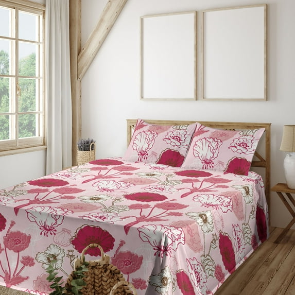 Ambesonne Poppy Artwork Fitted & Flat Sheet with Shams 4 Pcs Set, Simple Flowers Modern, Queen, Raspberry Pale Pink White