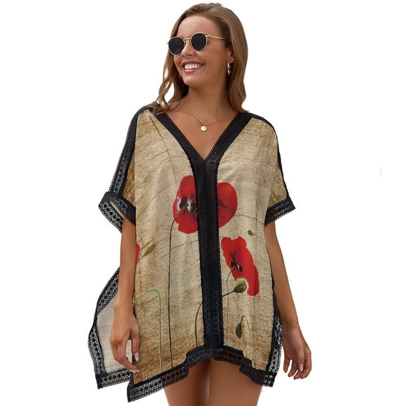 Poppy Artwork Women's Swimsuit Coverup Summer Beach Cover Up Bathing Suit Dress